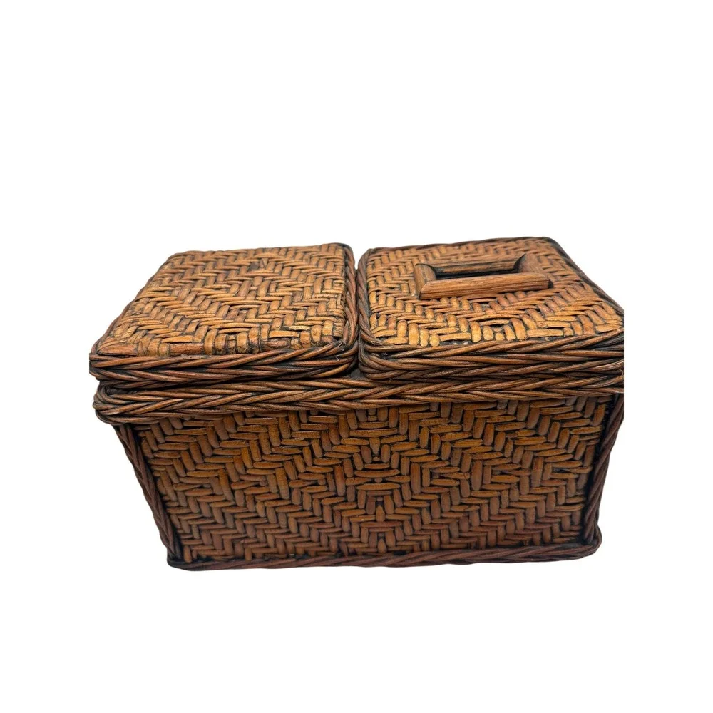 Vintage Woven Wicker Dual Compartment Tissue Box Cover and Storage Basket Brown